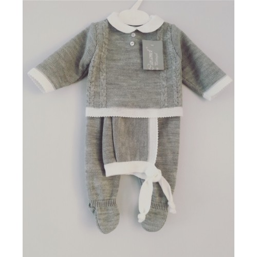 Baby Boys Grey Knitted Top & Trouser Set with Matching Hat