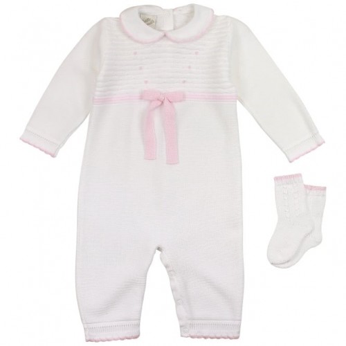 White KnittedÂ Romper With Pink BowÂ And Socks