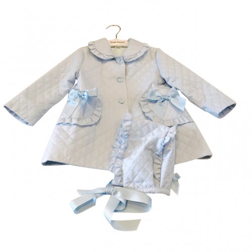 Girls Baby Blue Quilted Coat and Matching Bonnet