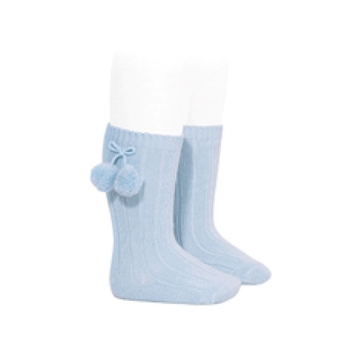 Long Ribbed Pom Pom Socks Baby Blue