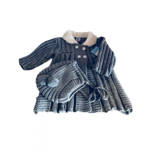 Knitted Pram Coat & Matching Bonnet -Grey