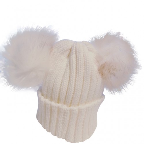 Cream Knitted Double Fur  Pom Pom Hat 