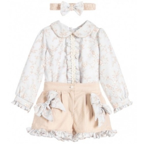 Baby Blue/Beige Floral Blouse & Shorts Set with matching headband 