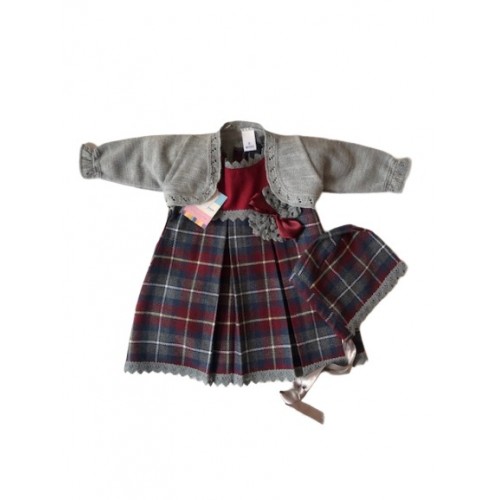 Girls Burgundy/Grey Dress, Cardigan and Matching Bonnet Set